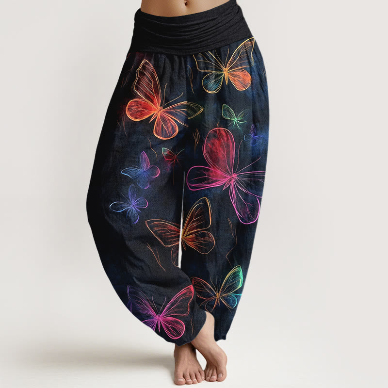 Buddha Stones Baumwoll-Haremshose mit traumhaftem Schmetterlingsmuster und elastischem Bund für Damen - Schwarz - US16, UK/AU20, EU48 (3XL) - image 0
