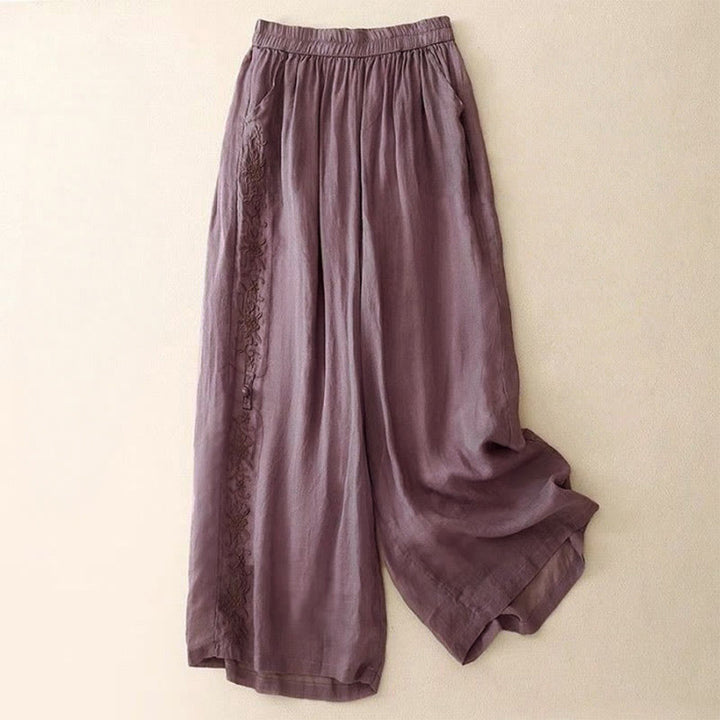 Damenhose mit weitem Bein, Länge 7-8, Taschen und Buddha Stones -Seitenstickerei - Mittelgroße Orchidee - US12, UK/AU16, EU44 (3XL) - image 0