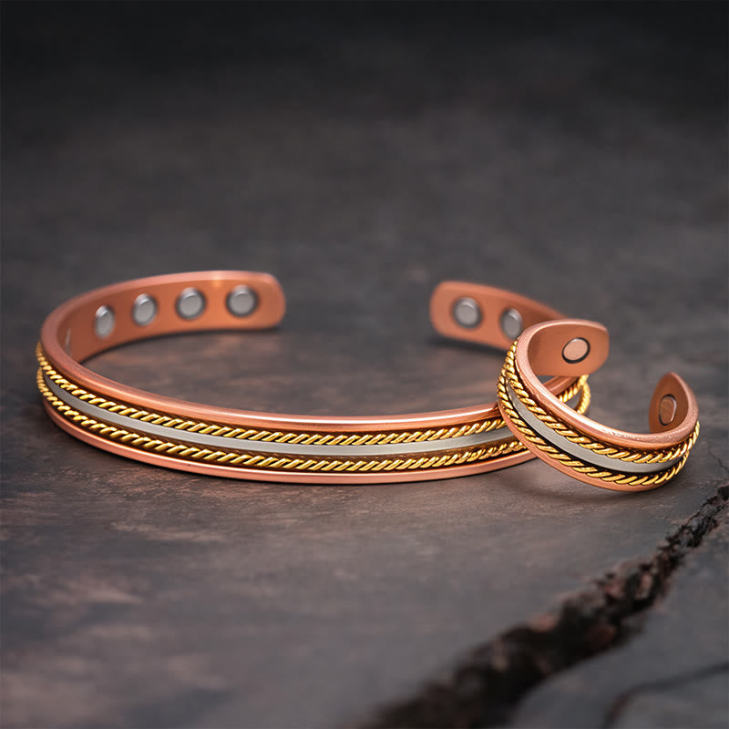 Buddha Stones Retro-Armreif mit gedrehtem Design aus Kupfer, offener Armreif, Glückssymbol - Ein Armband und ein Ring - image 1