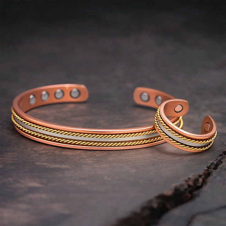 Buddha Stones Retro-Armreif mit gedrehtem Design aus Kupfer, offener Armreif, Glückssymbol - Ein Armband und ein Ring - image 1