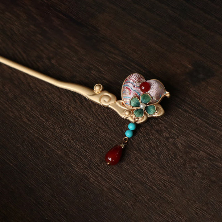 Buddha Stones Haarnadel mit Kürbisblütenmuster, rotem Achat und Kupferring - image 4