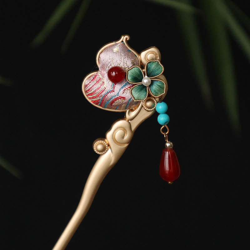 Buddha Stones Haarnadel mit Kürbisblütenmuster, rotem Achat und Kupferring - image 1
