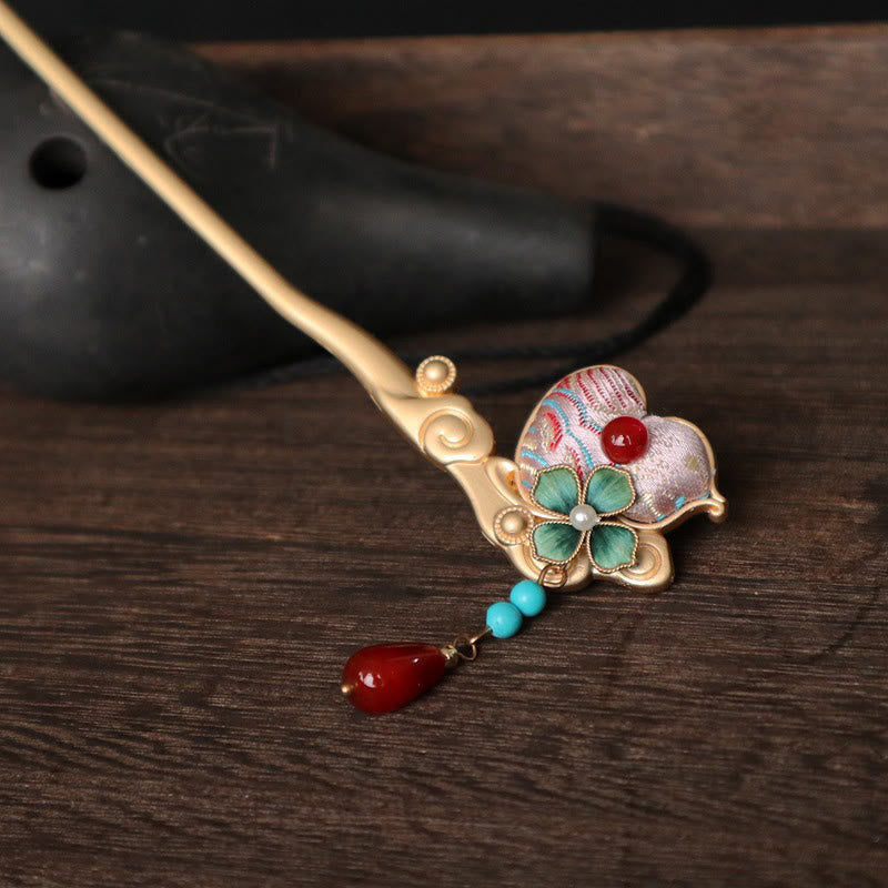 Buddha Stones Haarnadel mit Kürbisblütenmuster, rotem Achat und Kupferring - image 3