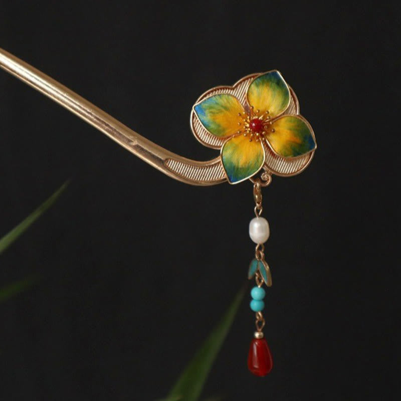 Buddha Stones Haarnadel mit roter Achat-Türkis-Perle, Samtblume und Quaste für ruhige Zuversicht - image 1