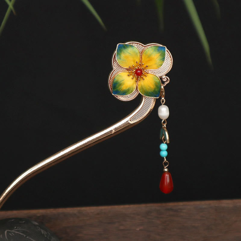 Buddha Stones Haarnadel mit roter Achat-Türkis-Perle, Samtblume und Quaste für ruhige Zuversicht - Samtblumenquaste - image 0