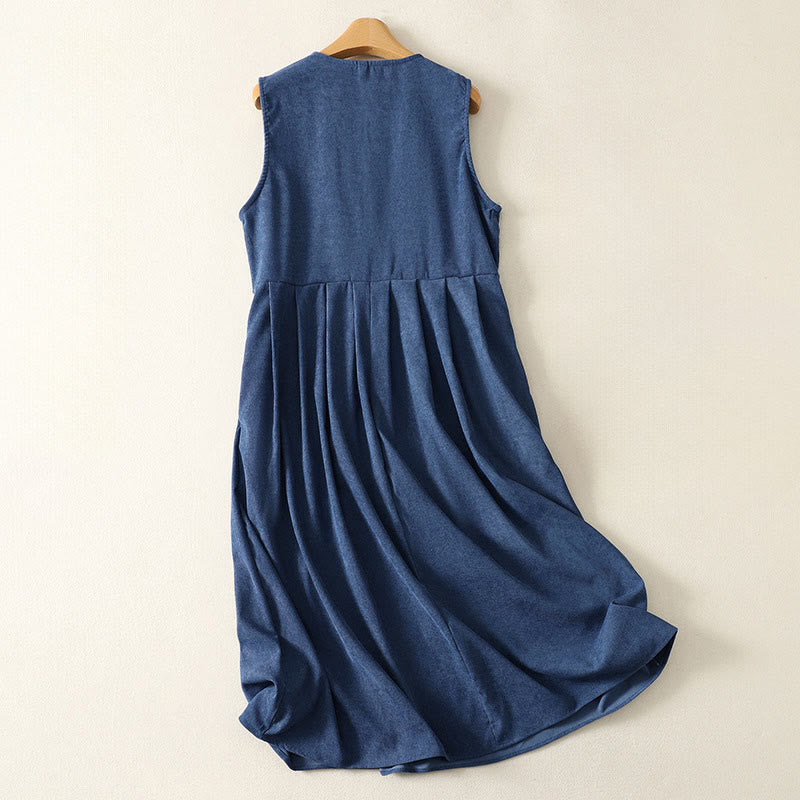 Buddha Stones Frühlings-Retro-Kleid, dunkelblau, schlicht, ärmellos, Midi-Stil mit Taschen - image 1
