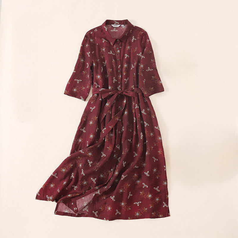 Buddha Stones Sommerliches Midikleid mit Blumenmuster, Knopfleiste, Schnürung, halben Ärmeln und Taschen - Dunkelrot - US12, UK/AU16, EU44 (3XL) - image 0