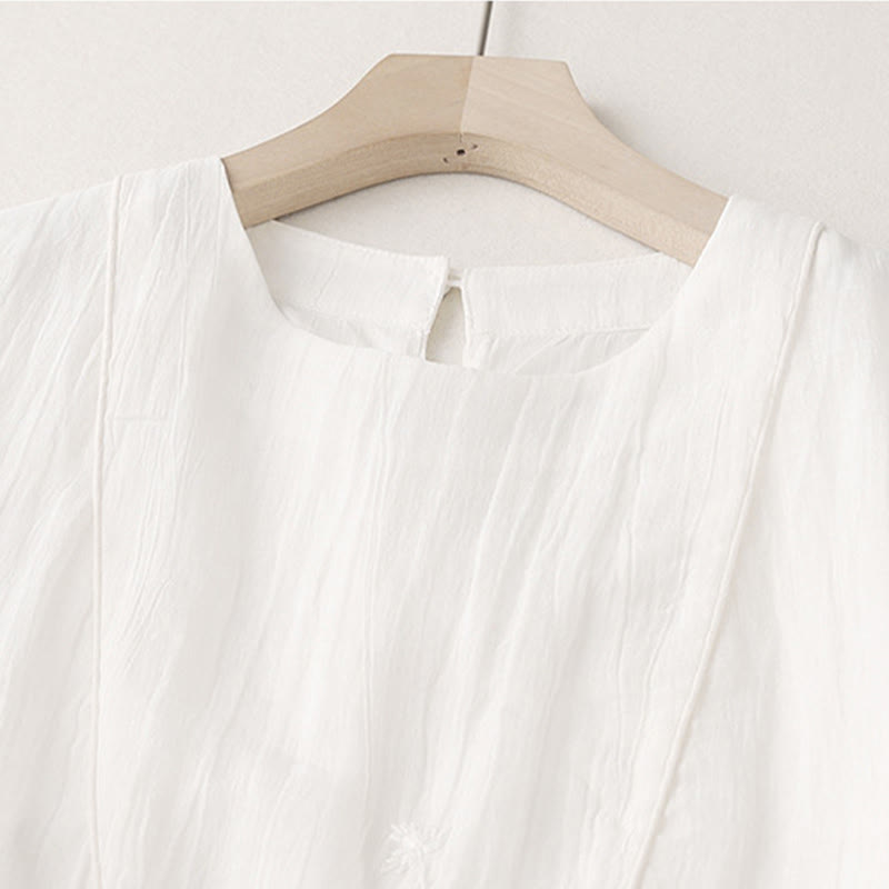 Buddha Stones Commute einfarbiges besticktes doppellagiges Baumwoll-Midikleid mit Rundhalsausschnitt und langen Ärmeln - image 6