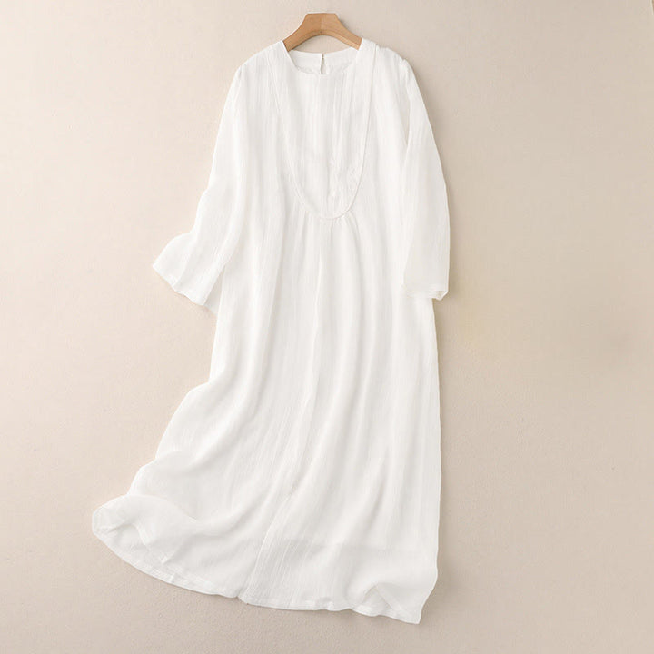 Buddha Stones Commute einfarbiges besticktes doppellagiges Baumwoll-Midikleid mit Rundhalsausschnitt und langen Ärmeln - Weiß - US 8-10, UK/AU 12-14, EU 40-42 (2XL) - image 4