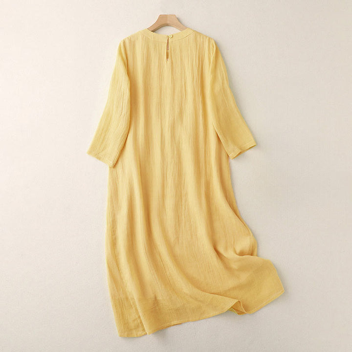 Buddha Stones Commute einfarbiges besticktes doppellagiges Baumwoll-Midikleid mit Rundhalsausschnitt und langen Ärmeln - image 1