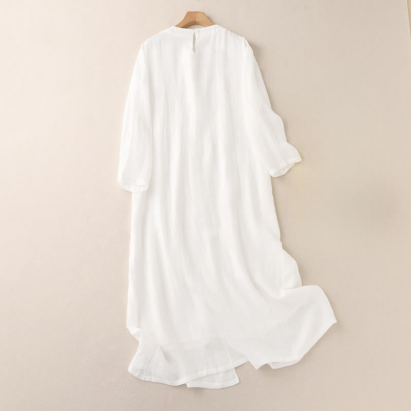 Buddha Stones Commute einfarbiges besticktes doppellagiges Baumwoll-Midikleid mit Rundhalsausschnitt und langen Ärmeln - image 5