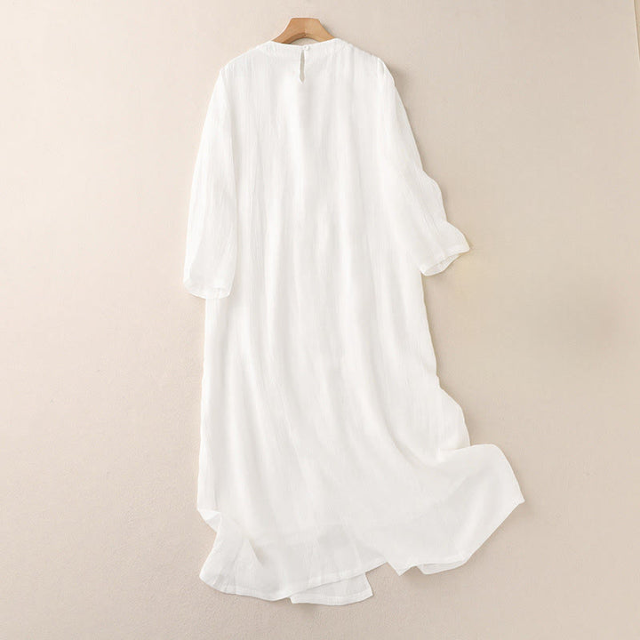 Buddha Stones Commute einfarbiges besticktes doppellagiges Baumwoll-Midikleid mit Rundhalsausschnitt und langen Ärmeln - image 5