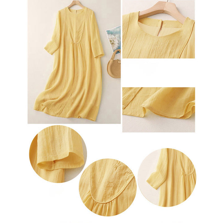 Buddha Stones Commute einfarbiges besticktes doppellagiges Baumwoll-Midikleid mit Rundhalsausschnitt und langen Ärmeln - image 3