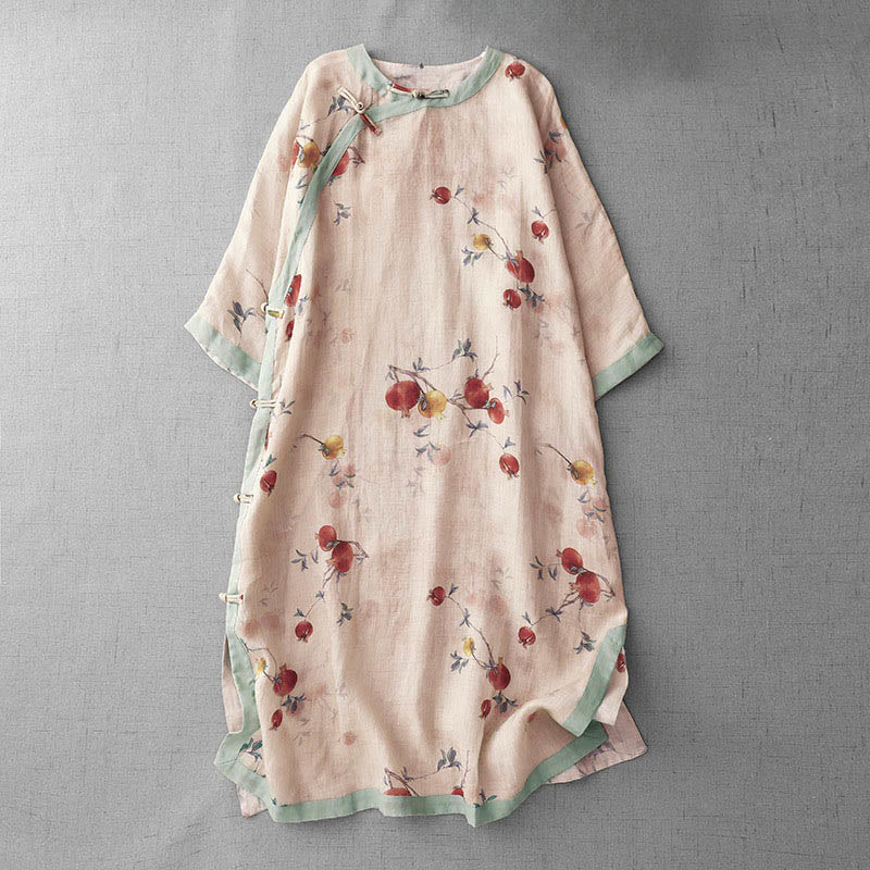 Buddha Stones, Froschknopf-Orchideen-Granatapfelblütenmuster, Seitenschlitz, halblange Ärmel, Midikleid - Pfirsichpuff - US12, UK/AU16, EU44 (2XL) - image 1