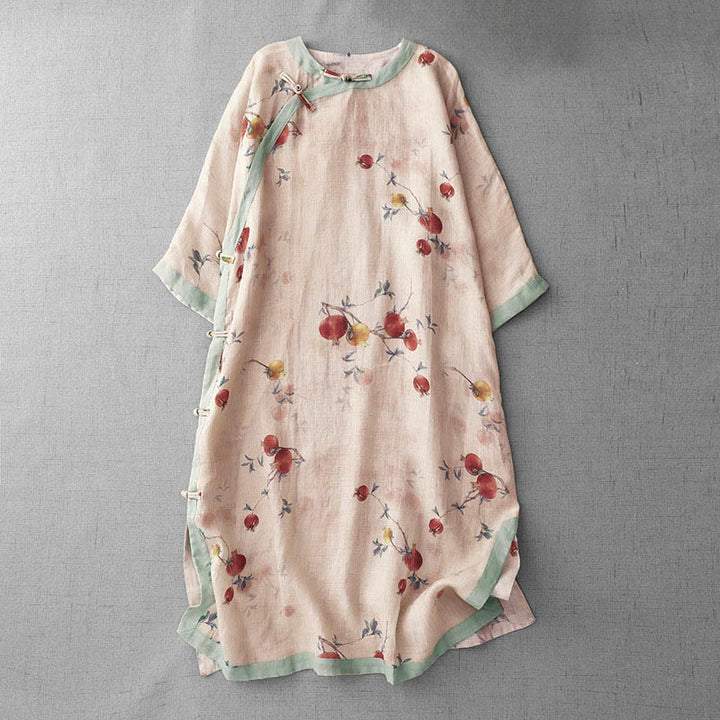 Buddha Stones, Froschknopf-Orchideen-Granatapfelblütenmuster, Seitenschlitz, halblange Ärmel, Midikleid - Pfirsichpuff - US12, UK/AU16, EU44 (2XL) - image 1