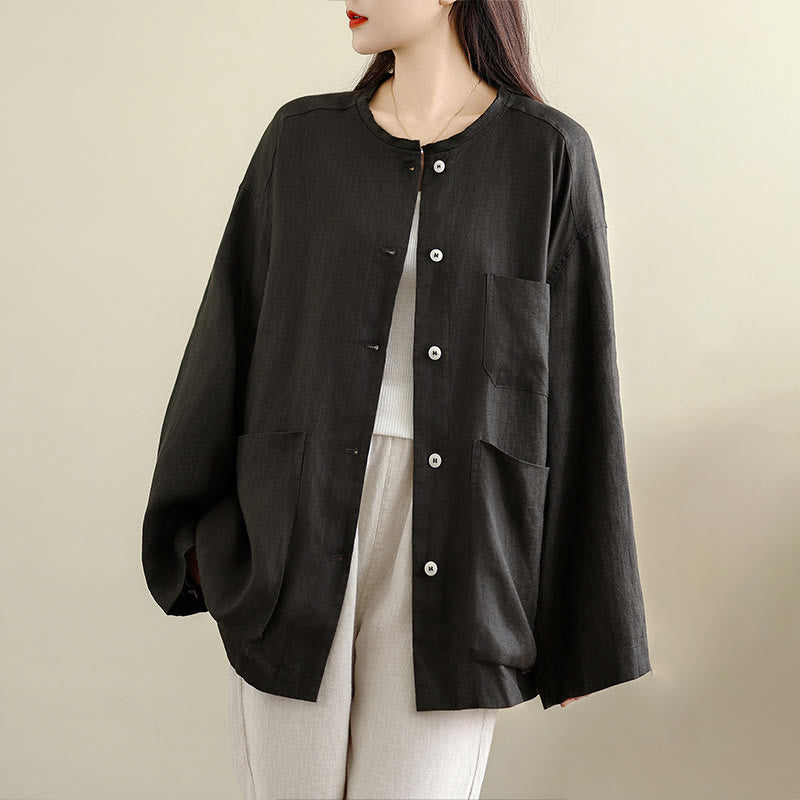 Buddha Stones Frühlingsbluse mit Rundhalsausschnitt, langen Ärmeln, schlichtem Baumwollknöpfen und Taschen für Damen - Schwarz - US 8-10, UK/AU 12-14, EU 40-42 (2XL) - image 0