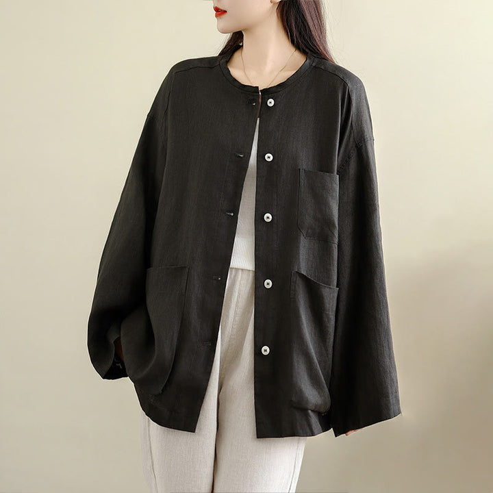 Buddha Stones Frühlingsbluse mit Rundhalsausschnitt, langen Ärmeln, schlichtem Baumwollknöpfen und Taschen für Damen - Schwarz - US 8-10, UK/AU 12-14, EU 40-42 (2XL) - image 0