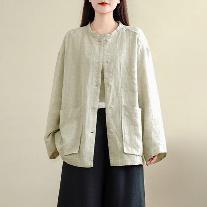 Buddha Stones Frühlingsbluse mit Rundhalsausschnitt, langen Ärmeln, schlichtem Baumwollknöpfen und Taschen für Damen - image 9