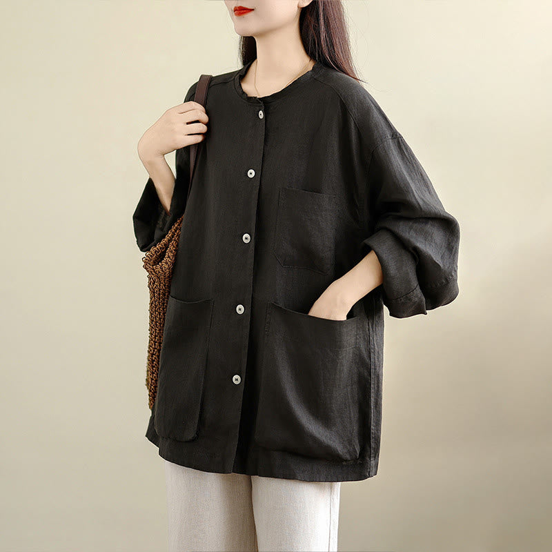 Buddha Stones Frühlingsbluse mit Rundhalsausschnitt, langen Ärmeln, schlichtem Baumwollknöpfen und Taschen für Damen - image 5