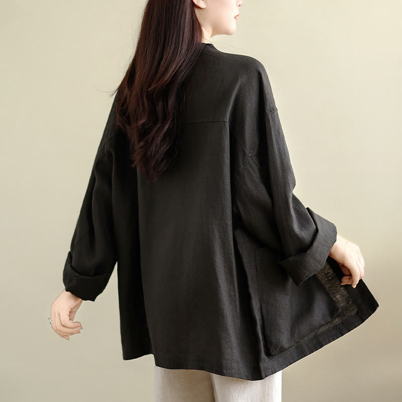 Buddha Stones Frühlingsbluse mit Rundhalsausschnitt, langen Ärmeln, schlichtem Baumwollknöpfen und Taschen für Damen - image 6