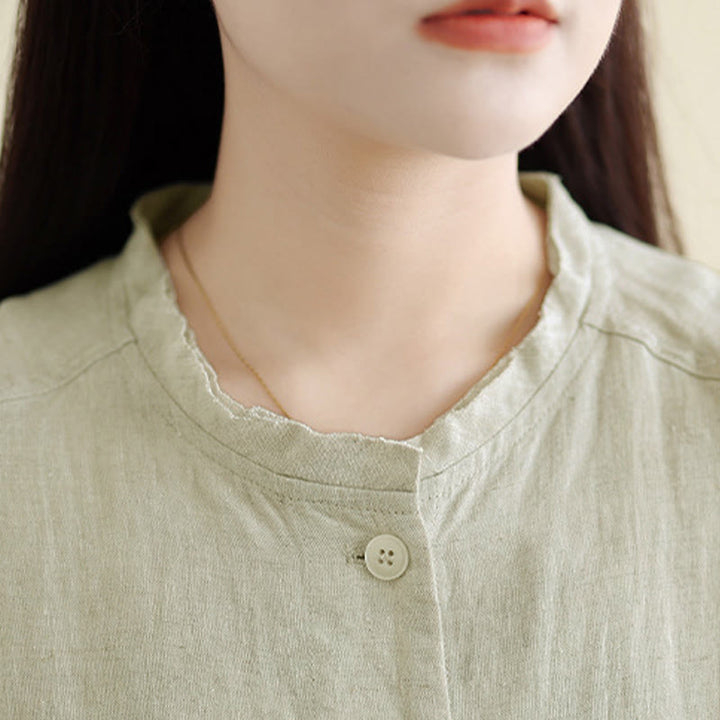 Buddha Stones Frühlingsbluse mit Rundhalsausschnitt, langen Ärmeln, schlichtem Baumwollknöpfen und Taschen für Damen - image 13