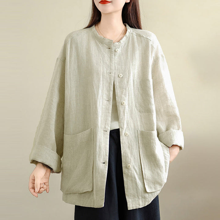 Buddha Stones Frühlingsbluse mit Rundhalsausschnitt, langen Ärmeln, schlichtem Baumwollknöpfen und Taschen für Damen - image 10