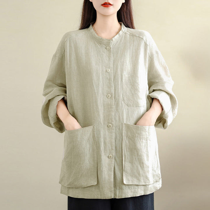 Buddha Stones Frühlingsbluse mit Rundhalsausschnitt, langen Ärmeln, schlichtem Baumwollknöpfen und Taschen für Damen - image 11