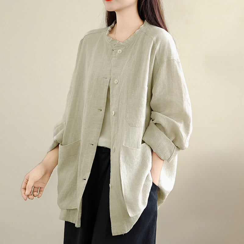 Buddha Stones Frühlingsbluse mit Rundhalsausschnitt, langen Ärmeln, schlichtem Baumwollknöpfen und Taschen für Damen - image 8