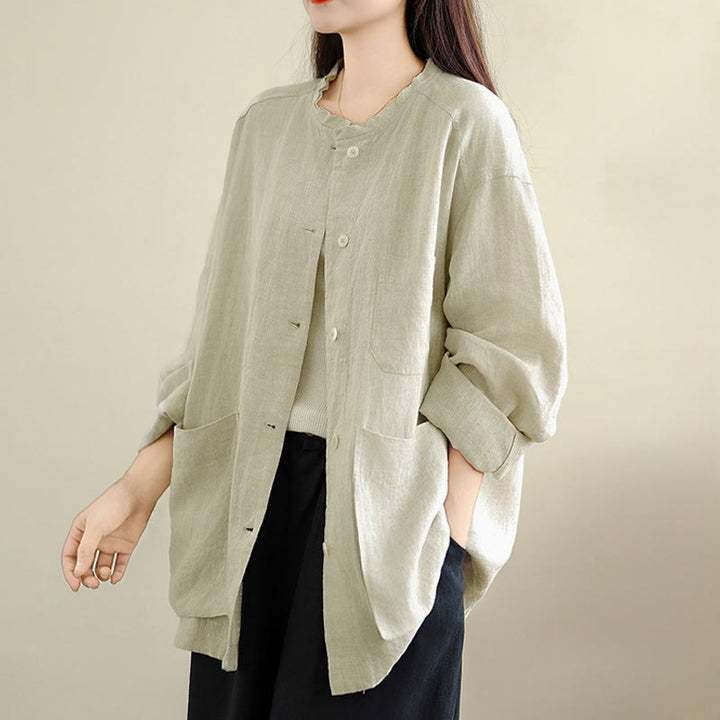 Buddha Stones Frühlingsbluse mit Rundhalsausschnitt, langen Ärmeln, schlichtem Baumwollknöpfen und Taschen für Damen - image 8