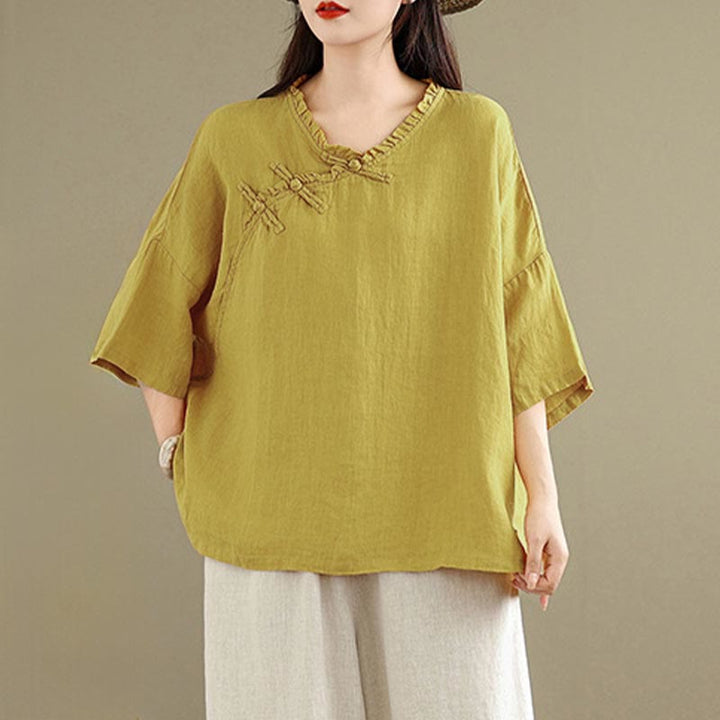 Buddha Stones Frühlingsbluse aus Baumwolle für Damen mit V-Ausschnitt, Froschknopfleiste und langen Ärmeln - Goldrute - US8-10, UK/AU12-14, EU40-42 (2XL) - image 6