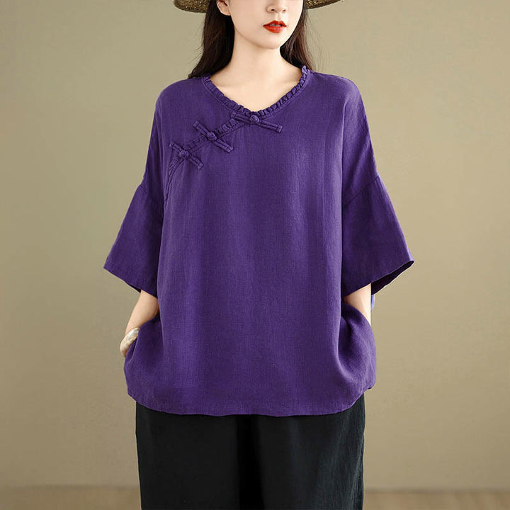 Buddha Stones Frühlingsbluse aus Baumwolle für Damen mit V-Ausschnitt, Froschknopfleiste und langen Ärmeln - image 13
