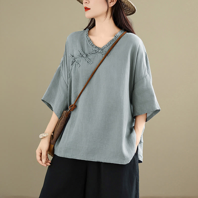 Buddha Stones Frühlingsbluse aus Baumwolle für Damen mit V-Ausschnitt, Froschknopfleiste und langen Ärmeln - Hellblau - US8-10, UK/AU12-14, EU40-42 (2XL) - image 0