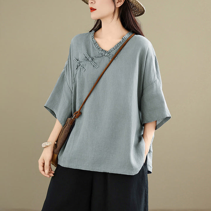Buddha Stones Frühlingsbluse aus Baumwolle für Damen mit V-Ausschnitt, Froschknopfleiste und langen Ärmeln - Hellblau - US8-10, UK/AU12-14, EU40-42 (2XL) - image 0