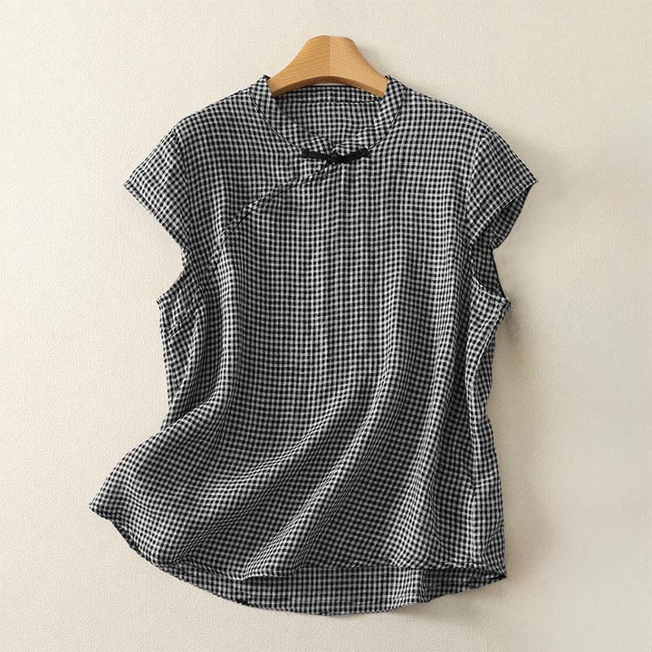 Buddha Stones Sommerliches kariertes Damen-Baumwollhemd mit Rundhalsausschnitt, Froschknopfleiste und kurzen Ärmeln - Schwarz - US 8-10, UK/AU 12-14, EU 40-42 (2XL) - image 0
