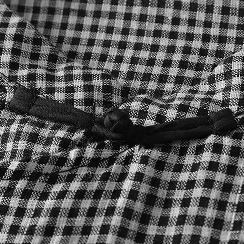 Buddha Stones Sommerliches kariertes Damen-Baumwollhemd mit Rundhalsausschnitt, Froschknopfleiste und kurzen Ärmeln - image 4