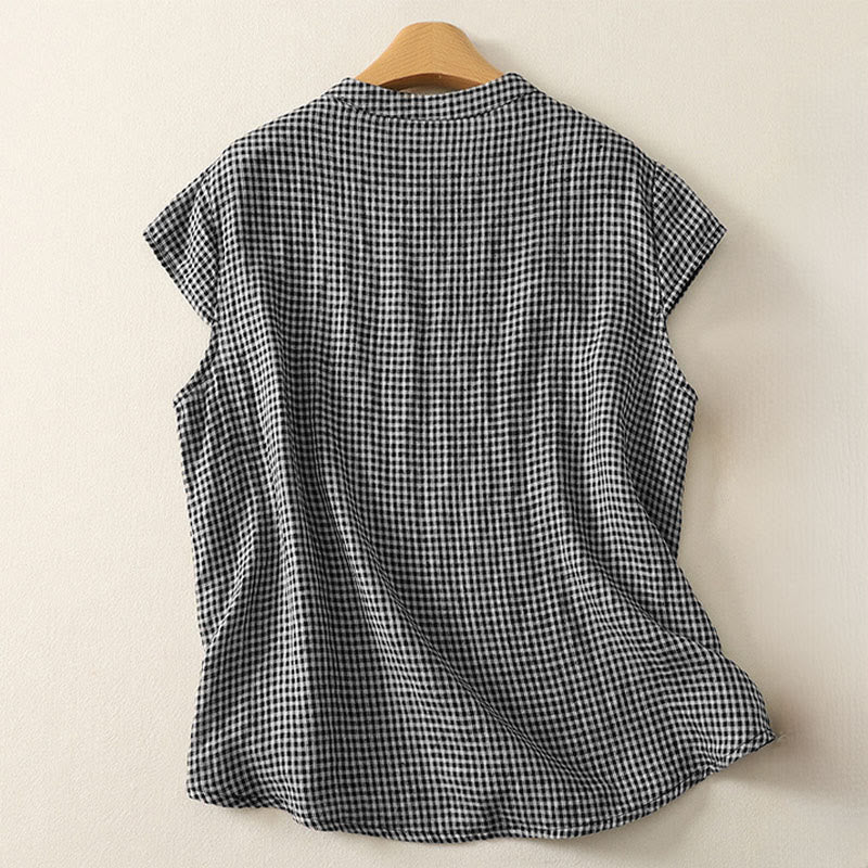 Buddha Stones Sommerliches kariertes Damen-Baumwollhemd mit Rundhalsausschnitt, Froschknopfleiste und kurzen Ärmeln - image 1