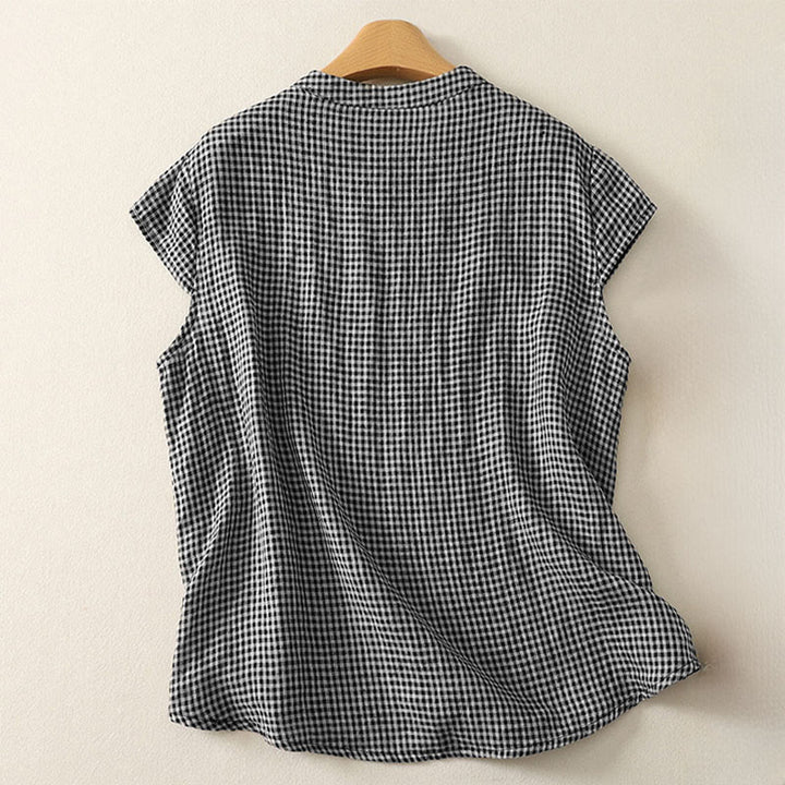Buddha Stones Sommerliches kariertes Damen-Baumwollhemd mit Rundhalsausschnitt, Froschknopfleiste und kurzen Ärmeln - image 1
