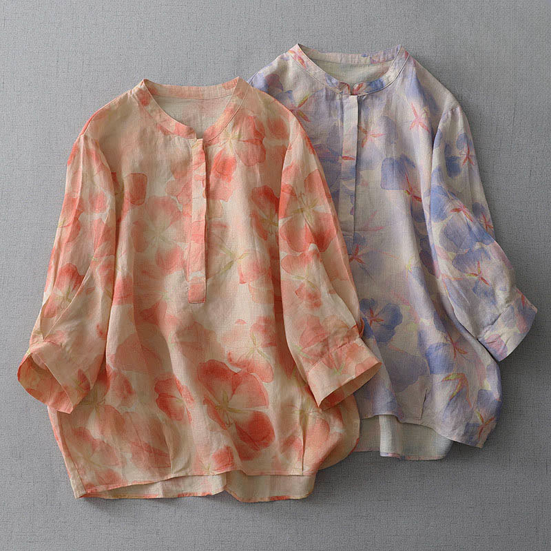 Buddha Stones Damen-Polyesterhemd mit Frühlingsblumenmuster, Rundhalsausschnitt und langen Ärmeln, Damenbluse aus Polyester - image 0