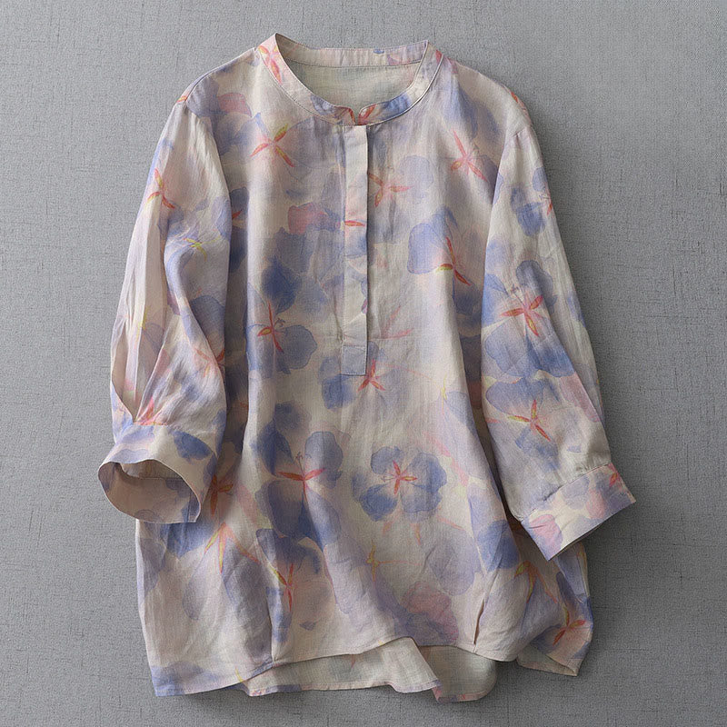 Buddha Stones Damen-Polyesterhemd mit Frühlingsblumenmuster, Rundhalsausschnitt und langen Ärmeln, Damenbluse aus Polyester - Mittelschieferblau - US 8-10, UK/AU 12-14, EU 40-42 (2XL) - image 1