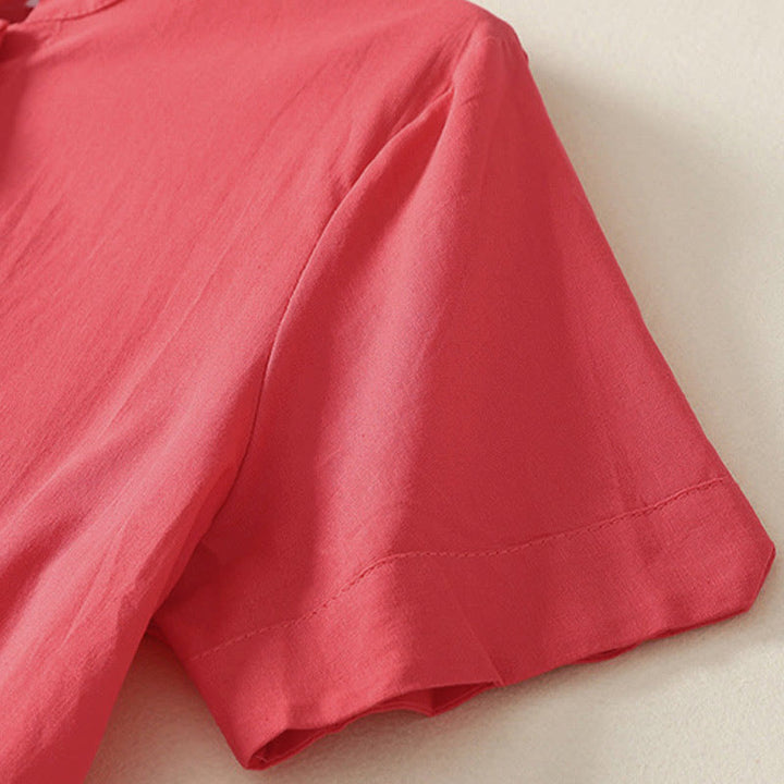 Buddha Stones Sommerliches, schlichtes Damen-Baumwollhemd mit Stehkragen, kurzen Ärmeln und Knopfleiste, mit Tasche und Tasche. - image 9