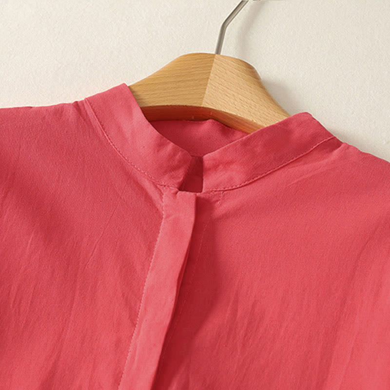 Buddha Stones Sommerliches, schlichtes Damen-Baumwollhemd mit Stehkragen, kurzen Ärmeln und Knopfleiste, mit Tasche und Tasche. - image 7