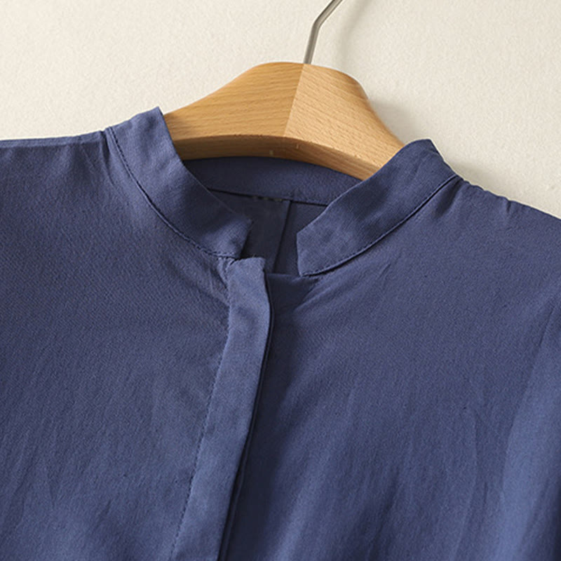 Buddha Stones Sommerliches, schlichtes Damen-Baumwollhemd mit Stehkragen, kurzen Ärmeln und Knopfleiste, mit Tasche und Tasche. - image 1