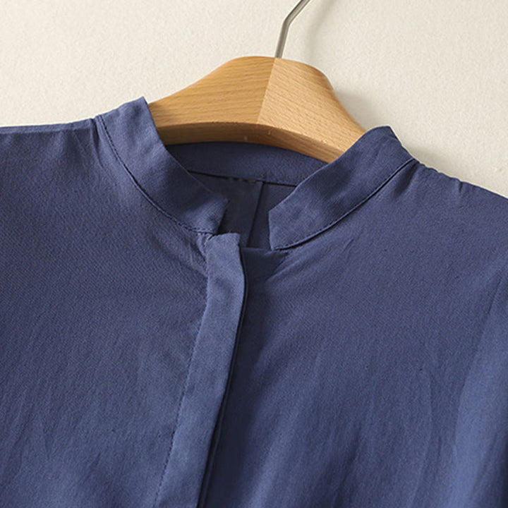 Buddha Stones Sommerliches, schlichtes Damen-Baumwollhemd mit Stehkragen, kurzen Ärmeln und Knopfleiste, mit Tasche und Tasche. - image 1