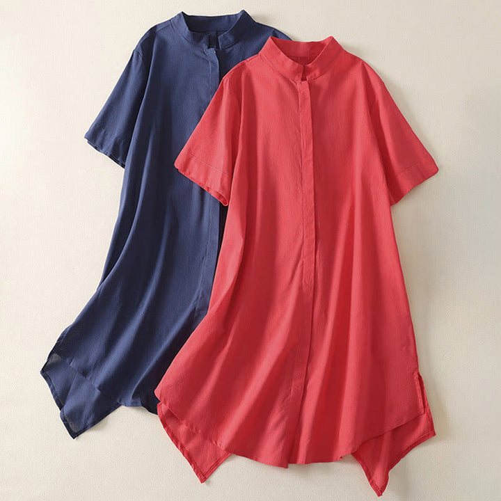 Buddha Stones Sommerliches, schlichtes Damen-Baumwollhemd mit Stehkragen, kurzen Ärmeln und Knopfleiste, mit Tasche und Tasche. - image 15