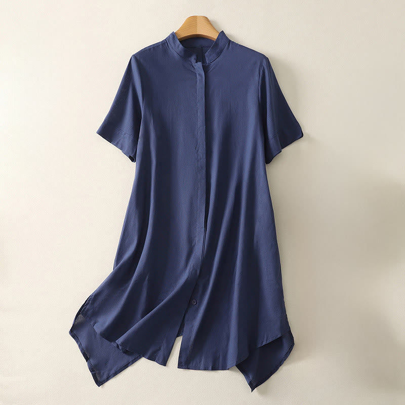 Buddha Stones Sommerliches, schlichtes Damen-Baumwollhemd mit Stehkragen, kurzen Ärmeln und Knopfleiste, mit Tasche und Tasche. - Dunkelblau - US 8-10, UK/AU 12-14, EU 40-42 (2XL) - image 0