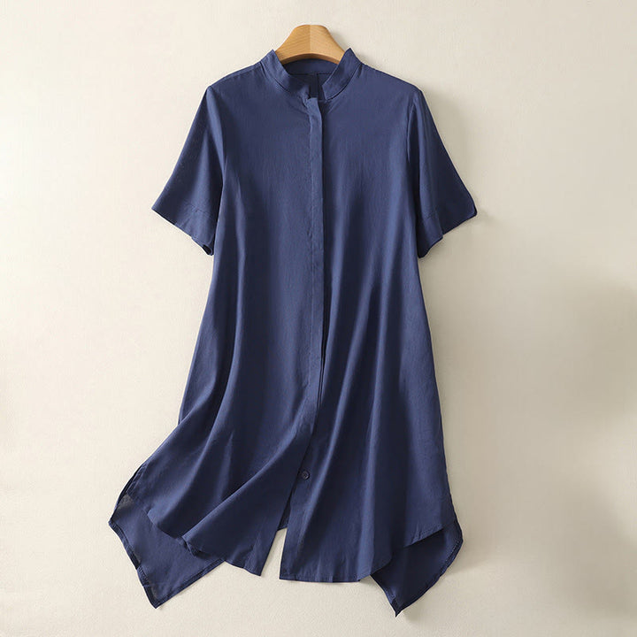 Buddha Stones Sommerliches, schlichtes Damen-Baumwollhemd mit Stehkragen, kurzen Ärmeln und Knopfleiste, mit Tasche und Tasche. - Dunkelblau - US 8-10, UK/AU 12-14, EU 40-42 (2XL) - image 0