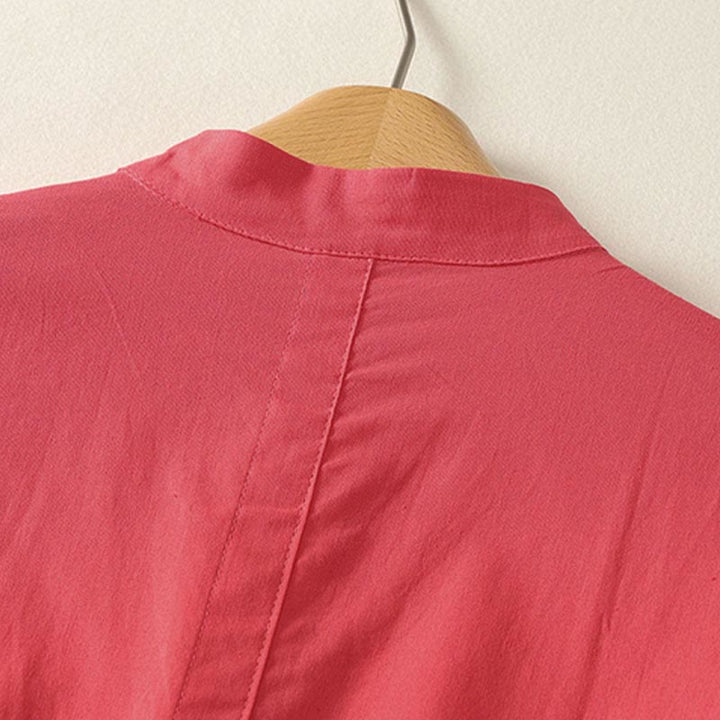 Buddha Stones Sommerliches, schlichtes Damen-Baumwollhemd mit Stehkragen, kurzen Ärmeln und Knopfleiste, mit Tasche und Tasche. - image 8