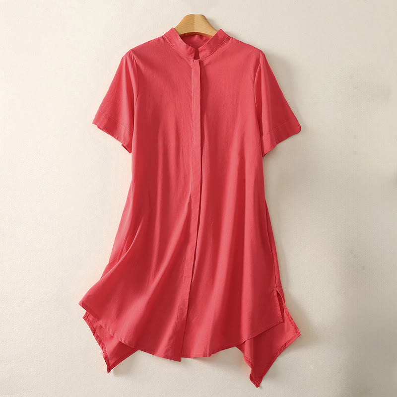 Buddha Stones Sommerliches, schlichtes Damen-Baumwollhemd mit Stehkragen, kurzen Ärmeln und Knopfleiste, mit Tasche und Tasche. - Rot - US 8-10, UK/AU 12-14, EU 40-42 (2XL) - image 5