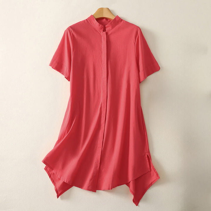 Buddha Stones Sommerliches, schlichtes Damen-Baumwollhemd mit Stehkragen, kurzen Ärmeln und Knopfleiste, mit Tasche und Tasche. - Rot - US 8-10, UK/AU 12-14, EU 40-42 (2XL) - image 5