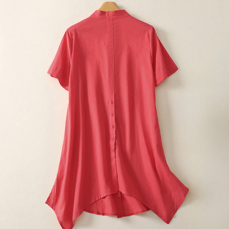 Buddha Stones Sommerliches, schlichtes Damen-Baumwollhemd mit Stehkragen, kurzen Ärmeln und Knopfleiste, mit Tasche und Tasche. - image 6